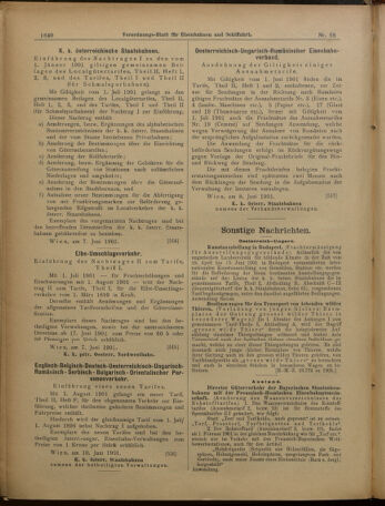 Verordnungs-Blatt für Eisenbahnen und Schiffahrt: Veröffentlichungen in Tarif- und Transport-Angelegenheiten 19010613 Seite: 16