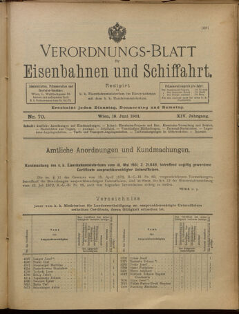 Verordnungs-Blatt für Eisenbahnen und Schiffahrt: Veröffentlichungen in Tarif- und Transport-Angelegenheiten 19010618 Seite: 1