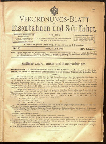 Verordnungs-Blatt für Eisenbahnen und Schiffahrt: Veröffentlichungen in Tarif- und Transport-Angelegenheiten 19010704 Seite: 1