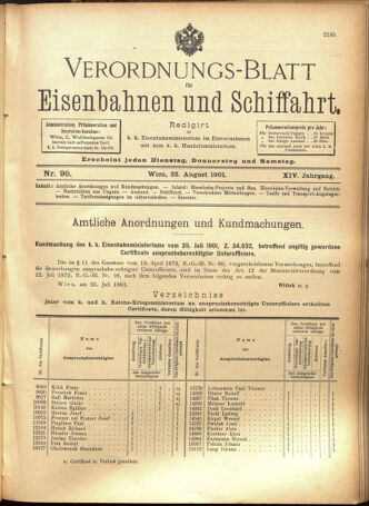 Verordnungs-Blatt für Eisenbahnen und Schiffahrt: Veröffentlichungen in Tarif- und Transport-Angelegenheiten 19010822 Seite: 1