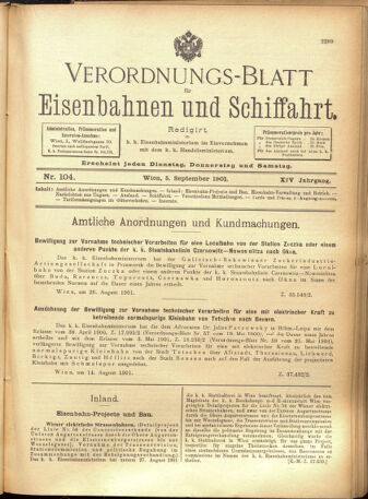 Verordnungs-Blatt für Eisenbahnen und Schiffahrt: Veröffentlichungen in Tarif- und Transport-Angelegenheiten 19010905 Seite: 1