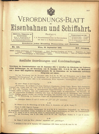 Verordnungs-Blatt für Eisenbahnen und Schiffahrt: Veröffentlichungen in Tarif- und Transport-Angelegenheiten 19010926 Seite: 1