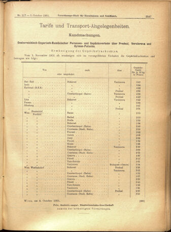 Verordnungs-Blatt für Eisenbahnen und Schiffahrt: Veröffentlichungen in Tarif- und Transport-Angelegenheiten 19011005 Seite: 11