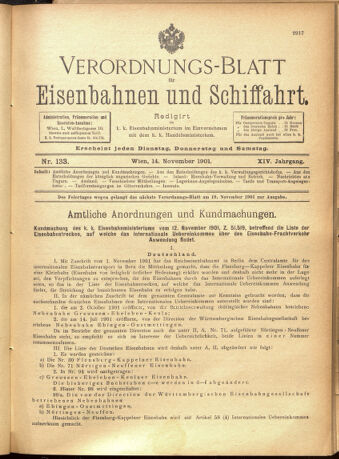 Verordnungs-Blatt für Eisenbahnen und Schiffahrt: Veröffentlichungen in Tarif- und Transport-Angelegenheiten 19011114 Seite: 1