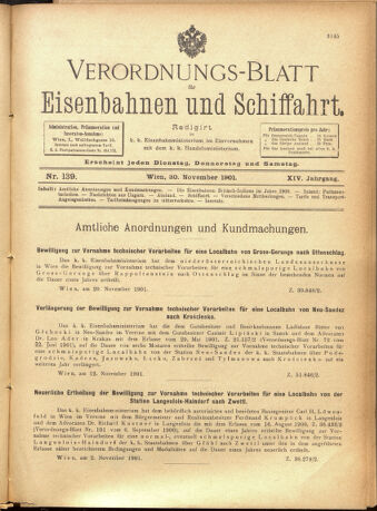 Verordnungs-Blatt für Eisenbahnen und Schiffahrt: Veröffentlichungen in Tarif- und Transport-Angelegenheiten 19011130 Seite: 1