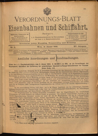 Verordnungs-Blatt für Eisenbahnen und Schiffahrt: Veröffentlichungen in Tarif- und Transport-Angelegenheiten 19020116 Seite: 1