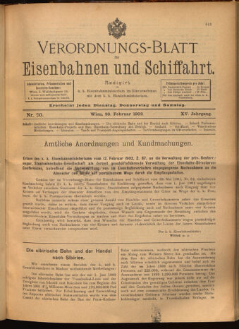 Verordnungs-Blatt für Eisenbahnen und Schiffahrt: Veröffentlichungen in Tarif- und Transport-Angelegenheiten 19020220 Seite: 1