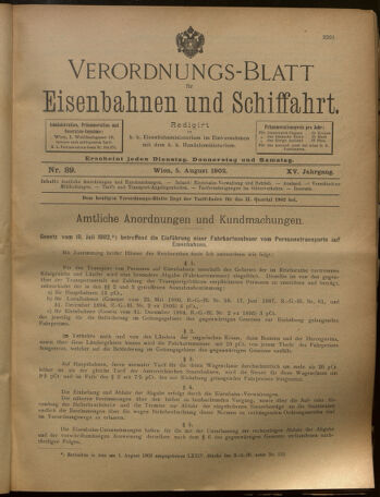 Verordnungs-Blatt für Eisenbahnen und Schiffahrt: Veröffentlichungen in Tarif- und Transport-Angelegenheiten 19020805 Seite: 1