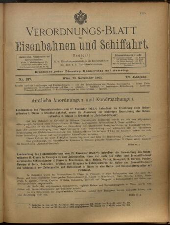 Verordnungs-Blatt für Eisenbahnen und Schiffahrt: Veröffentlichungen in Tarif- und Transport-Angelegenheiten 19021129 Seite: 1