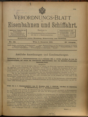 Verordnungs-Blatt für Eisenbahnen und Schiffahrt: Veröffentlichungen in Tarif- und Transport-Angelegenheiten 19021211 Seite: 1