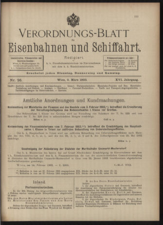 Verordnungs-Blatt für Eisenbahnen und Schiffahrt: Veröffentlichungen in Tarif- und Transport-Angelegenheiten 19030303 Seite: 1