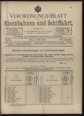 Verordnungs-Blatt für Eisenbahnen und Schiffahrt: Veröffentlichungen in Tarif- und Transport-Angelegenheiten 19030314 Seite: 1