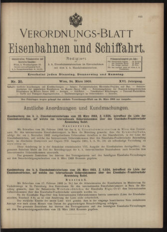 Verordnungs-Blatt für Eisenbahnen und Schiffahrt: Veröffentlichungen in Tarif- und Transport-Angelegenheiten 19030324 Seite: 1