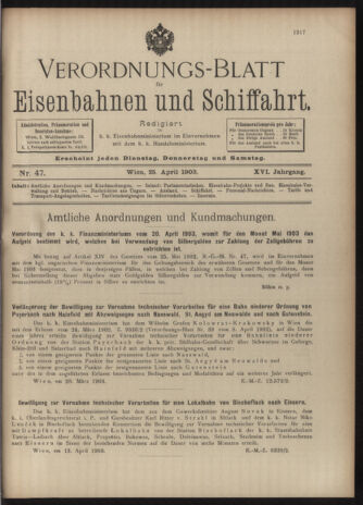 Verordnungs-Blatt für Eisenbahnen und Schiffahrt: Veröffentlichungen in Tarif- und Transport-Angelegenheiten 19030425 Seite: 1