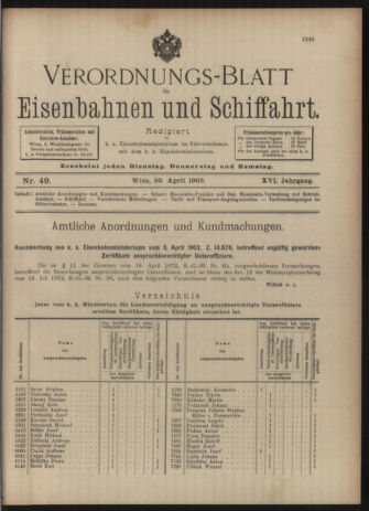 Verordnungs-Blatt für Eisenbahnen und Schiffahrt: Veröffentlichungen in Tarif- und Transport-Angelegenheiten 19030430 Seite: 1