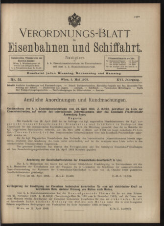 Verordnungs-Blatt für Eisenbahnen und Schiffahrt: Veröffentlichungen in Tarif- und Transport-Angelegenheiten 19030505 Seite: 1