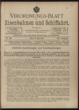 Verordnungs-Blatt für Eisenbahnen und Schiffahrt: Veröffentlichungen in Tarif- und Transport-Angelegenheiten 19030521 Seite: 1