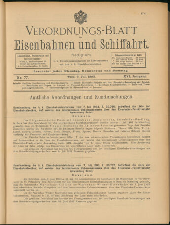 Verordnungs-Blatt für Eisenbahnen und Schiffahrt: Veröffentlichungen in Tarif- und Transport-Angelegenheiten 19030709 Seite: 1