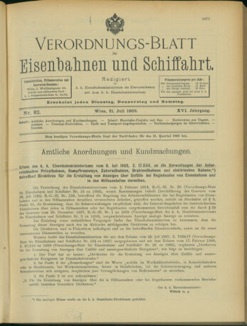 Verordnungs-Blatt für Eisenbahnen und Schiffahrt: Veröffentlichungen in Tarif- und Transport-Angelegenheiten 19030721 Seite: 1