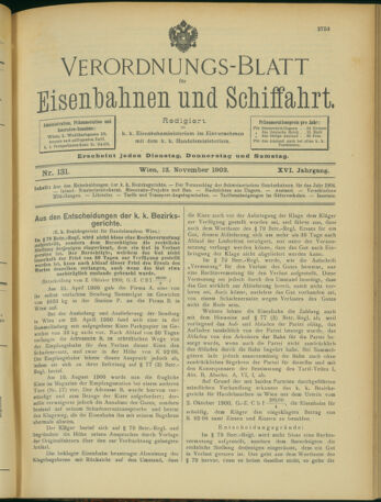 Verordnungs-Blatt für Eisenbahnen und Schiffahrt: Veröffentlichungen in Tarif- und Transport-Angelegenheiten 19031112 Seite: 1