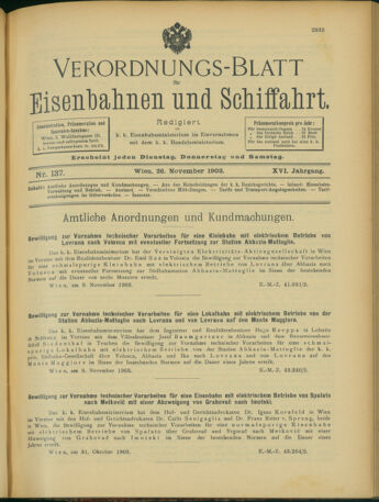 Verordnungs-Blatt für Eisenbahnen und Schiffahrt: Veröffentlichungen in Tarif- und Transport-Angelegenheiten 19031126 Seite: 1