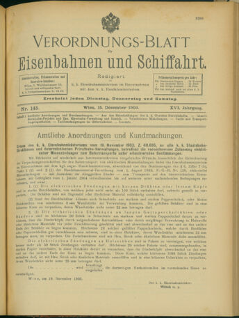 Verordnungs-Blatt für Eisenbahnen und Schiffahrt: Veröffentlichungen in Tarif- und Transport-Angelegenheiten 19031215 Seite: 1