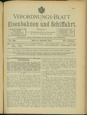 Verordnungs-Blatt für Eisenbahnen und Schiffahrt: Veröffentlichungen in Tarif- und Transport-Angelegenheiten 19031224 Seite: 1