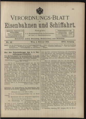 Verordnungs-Blatt für Eisenbahnen und Schiffahrt: Veröffentlichungen in Tarif- und Transport-Angelegenheiten 19040204 Seite: 1