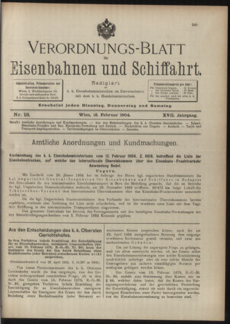 Verordnungs-Blatt für Eisenbahnen und Schiffahrt: Veröffentlichungen in Tarif- und Transport-Angelegenheiten 19040216 Seite: 1