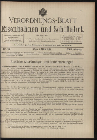 Verordnungs-Blatt für Eisenbahnen und Schiffahrt: Veröffentlichungen in Tarif- und Transport-Angelegenheiten 19040301 Seite: 1