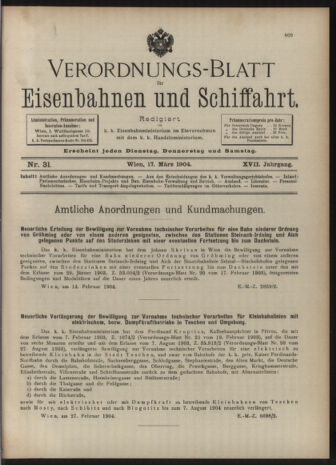 Verordnungs-Blatt für Eisenbahnen und Schiffahrt: Veröffentlichungen in Tarif- und Transport-Angelegenheiten 19040317 Seite: 1