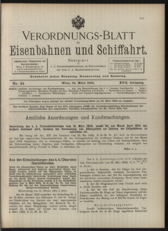 Verordnungs-Blatt für Eisenbahnen und Schiffahrt: Veröffentlichungen in Tarif- und Transport-Angelegenheiten 19040324 Seite: 1