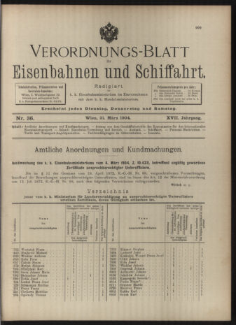 Verordnungs-Blatt für Eisenbahnen und Schiffahrt: Veröffentlichungen in Tarif- und Transport-Angelegenheiten 19040331 Seite: 1