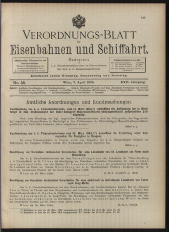 Verordnungs-Blatt für Eisenbahnen und Schiffahrt: Veröffentlichungen in Tarif- und Transport-Angelegenheiten 19040407 Seite: 1