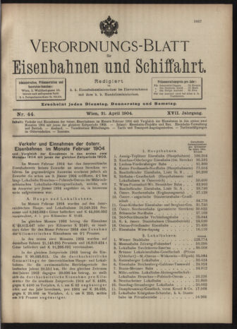 Verordnungs-Blatt für Eisenbahnen und Schiffahrt: Veröffentlichungen in Tarif- und Transport-Angelegenheiten 19040421 Seite: 1