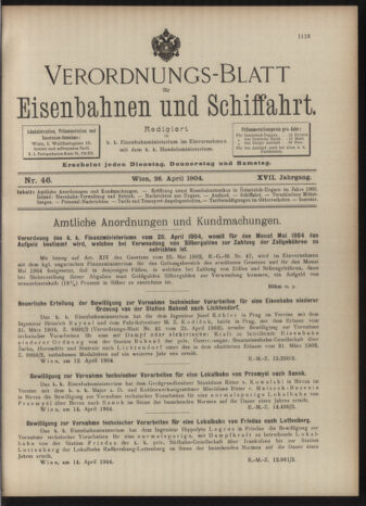 Verordnungs-Blatt für Eisenbahnen und Schiffahrt: Veröffentlichungen in Tarif- und Transport-Angelegenheiten 19040426 Seite: 1