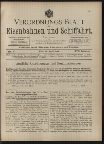 Verordnungs-Blatt für Eisenbahnen und Schiffahrt: Veröffentlichungen in Tarif- und Transport-Angelegenheiten 19040428 Seite: 1