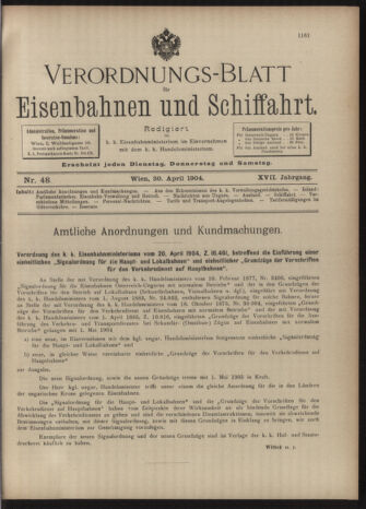 Verordnungs-Blatt für Eisenbahnen und Schiffahrt: Veröffentlichungen in Tarif- und Transport-Angelegenheiten 19040430 Seite: 1