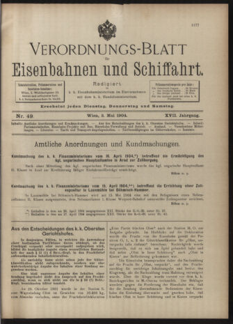 Verordnungs-Blatt für Eisenbahnen und Schiffahrt: Veröffentlichungen in Tarif- und Transport-Angelegenheiten 19040503 Seite: 1