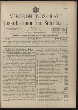 Verordnungs-Blatt für Eisenbahnen und Schiffahrt: Veröffentlichungen in Tarif- und Transport-Angelegenheiten 19040514 Seite: 1