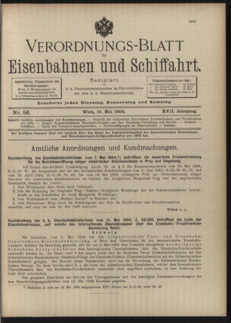 Verordnungs-Blatt für Eisenbahnen und Schiffahrt: Veröffentlichungen in Tarif- und Transport-Angelegenheiten 19040519 Seite: 1