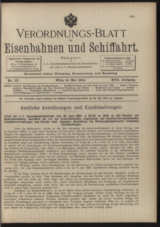 Verordnungs-Blatt für Eisenbahnen und Schiffahrt: Veröffentlichungen in Tarif- und Transport-Angelegenheiten 19040521 Seite: 1