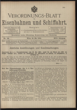 Verordnungs-Blatt für Eisenbahnen und Schiffahrt: Veröffentlichungen in Tarif- und Transport-Angelegenheiten 19040526 Seite: 1