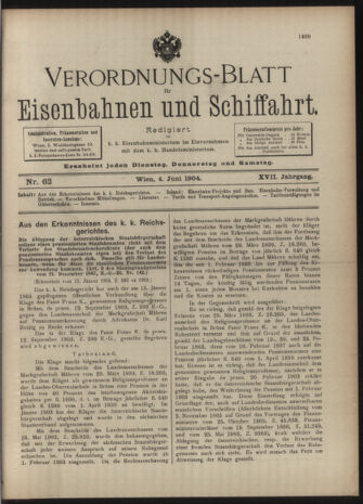 Verordnungs-Blatt für Eisenbahnen und Schiffahrt: Veröffentlichungen in Tarif- und Transport-Angelegenheiten 19040604 Seite: 1