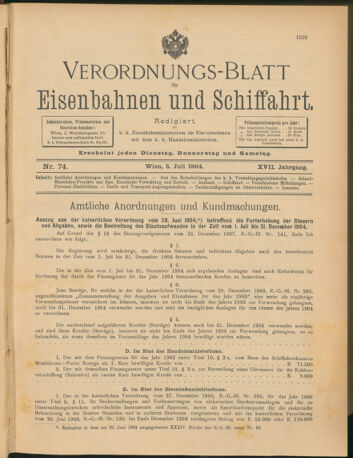 Verordnungs-Blatt für Eisenbahnen und Schiffahrt: Veröffentlichungen in Tarif- und Transport-Angelegenheiten 19040705 Seite: 1