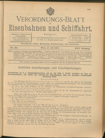 Verordnungs-Blatt für Eisenbahnen und Schiffahrt: Veröffentlichungen in Tarif- und Transport-Angelegenheiten 19040719 Seite: 1