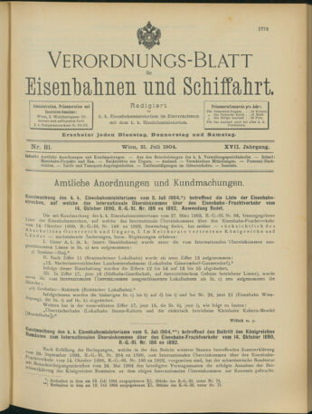 Verordnungs-Blatt für Eisenbahnen und Schiffahrt: Veröffentlichungen in Tarif- und Transport-Angelegenheiten 19040721 Seite: 1