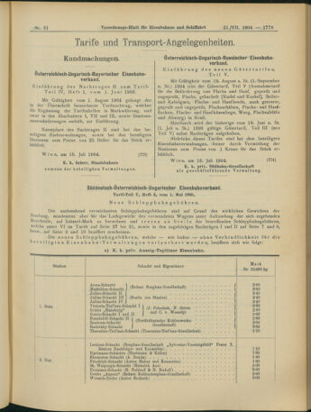 Verordnungs-Blatt für Eisenbahnen und Schiffahrt: Veröffentlichungen in Tarif- und Transport-Angelegenheiten 19040721 Seite: 7