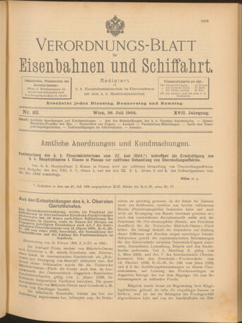 Verordnungs-Blatt für Eisenbahnen und Schiffahrt: Veröffentlichungen in Tarif- und Transport-Angelegenheiten 19040726 Seite: 1