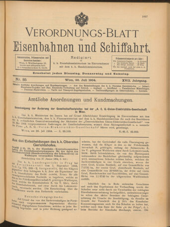 Verordnungs-Blatt für Eisenbahnen und Schiffahrt: Veröffentlichungen in Tarif- und Transport-Angelegenheiten 19040730 Seite: 1